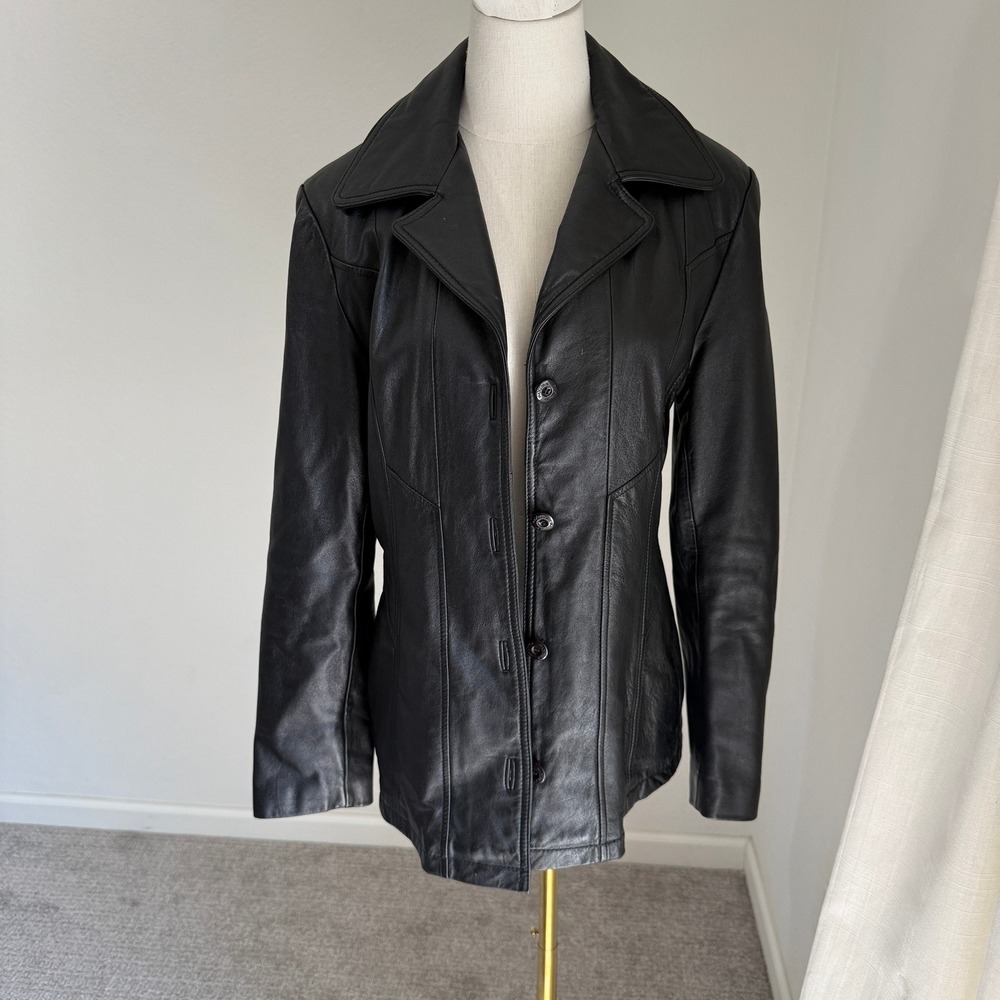 Wilsons Leather Maxima Womens Black Leather Blazer Jacket Medium Tailored Vtg 90